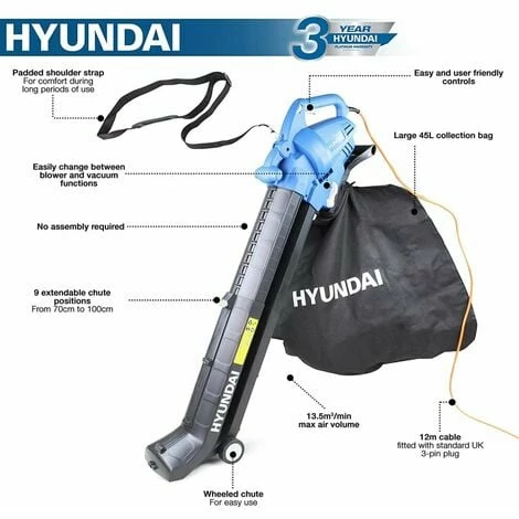 Electric Leaf Blower Vacuum & Shredder Hyundai HYBV3000E 3 In 1 3000W 2 Electric Leaf Blower Vacuum & Shredder Hyundai HYBV3000E 3 In 1 3000W - Image 2