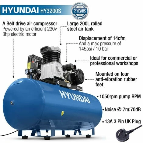 Hyundai HY3200S 200L Floor-Mounted Belt Drive Air Compressor 3hp 230V 2 Hyundai HY3200S 200L Floor-Mounted Belt Drive Air Compressor 3hp 230V - Image 2