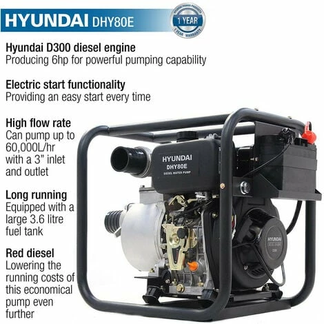 Hyundai DHY80E 80mm 3" Electric Start Diesel Water Pump 2 Hyundai DHY80E 80mm 3" Electric Start Diesel Water Pump - Image 2