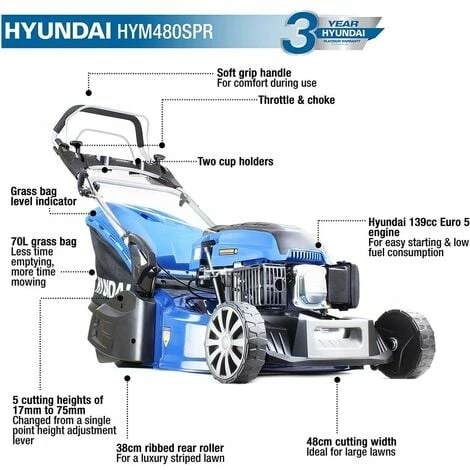 Hyundai HYM480SPR 139cc Self-Propelled 480mm Petrol Lawnmower 2 Hyundai HYM480SPR 139cc Self-Propelled 480mm Petrol Lawnmower - Image 2