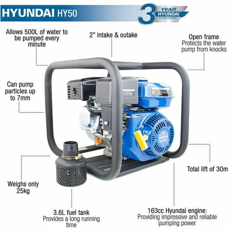 Hyundai HY50 163cc 5.5hp Professional Petrol Water Pump - 2"/50mm Outlet 2 Hyundai HY50 163cc 5.5hp Professional Petrol Water Pump - 2"/50mm Outlet - Image 2