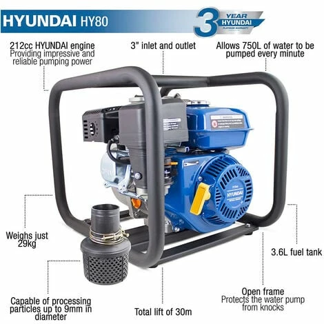 Hyundai HY80 212cc 6.5hp Professional Petrol Water Pump - 3"/80mm Outlet 2 Hyundai HY80 212cc 6.5hp Professional Petrol Water Pump - 3"/80mm Outlet - Image 2