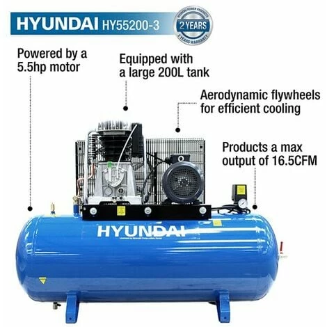 Air Compressor Hyundai HY55200-3 200 Litre , 21CFM/145psi, 3-Phase Twin Cylinder 5.5hpp 2 Air Compressor Hyundai HY55200-3 200 Litre , 21CFM/145psi, 3-Phase Twin Cylinder 5.5hpp - Image 2